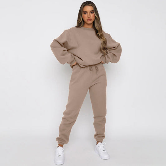 Solid Color Round Neck Pullover, Long Pants And Long Sleeve Hoodie Set